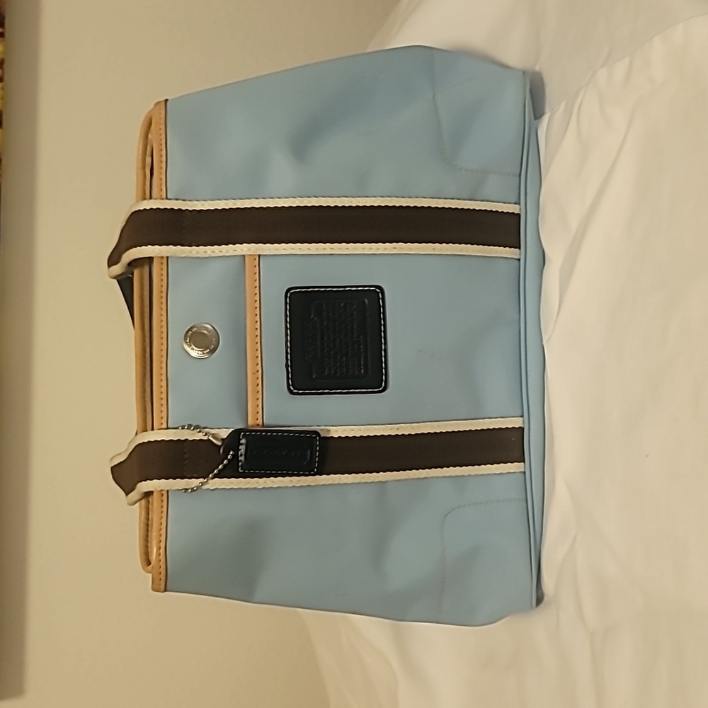 COACH VINTAGE NYLON TOTE SHOULDER/HANDBAG BABYBLUE LEATHER TRIM FLAW PRE-OWNED